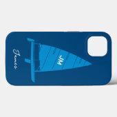 Coques Case-Mate iPhone Monogramme personnalisé Nom Voilier Course Bleu (Verso (horizontal))