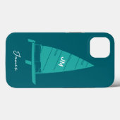 Coques Case-Mate iPhone Monogramme personnalisé Nom Voilier Course Turquoi (Verso (horizontal))