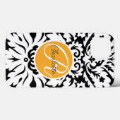 Coques Case-Mate iPhone Monogramme personnalisé Orange noir Damas (Verso (horizontal))