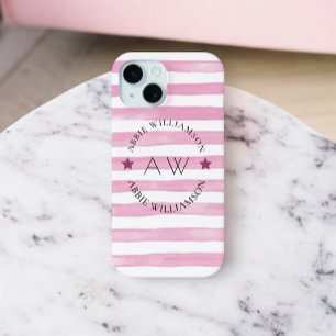 Coque Pour iPhone 15 monogramme personnalisé rayures roses