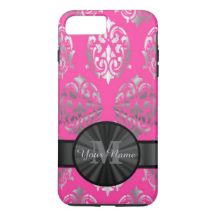 Coque Case-Mate Pour iPhone monogramme personnalisé rose et argent damassé
