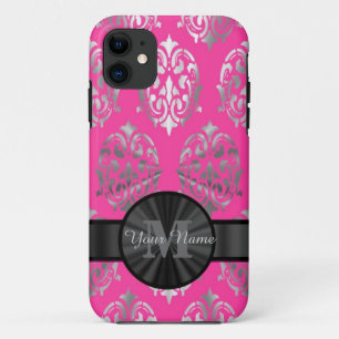 Coque iPhone 11 monogramme personnalisé rose et argent damassé