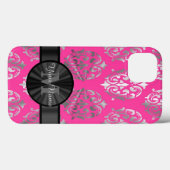 Coques Case-Mate iPhone monogramme personnalisé rose et argent damassé (Verso (horizontal))