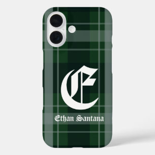 Coques iPhone 16 Monogramme personnalisé vert foncé Plaid