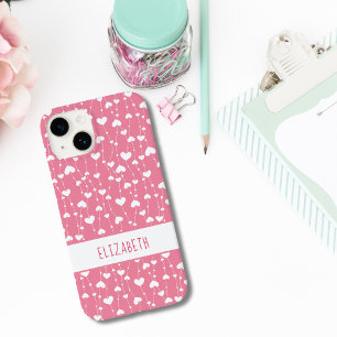 Coque Pour iPhone 14 Monogramme Personnaliser Rose Coeurs Blancs Fille