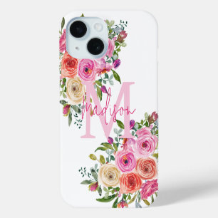 Coque Pour iPhone 15 Monogramme Personnalisez Aquarelle Floral