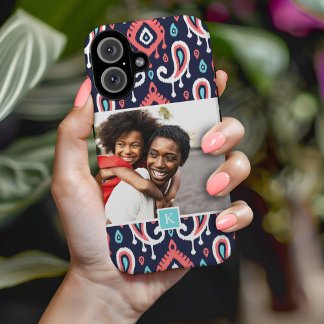 Coques iPhone 16 Monogramme photo personnalisé Ikat Paisley de la m