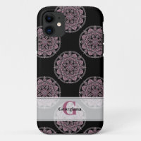 Monogramme Pink Floral Fronds Polka Dot Mandala