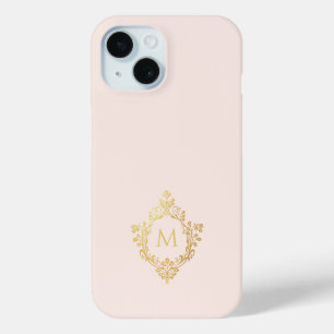 Coque Pour iPhone 15 Monogramme Pink Vintage Élégant Faux Gold Foil Cre