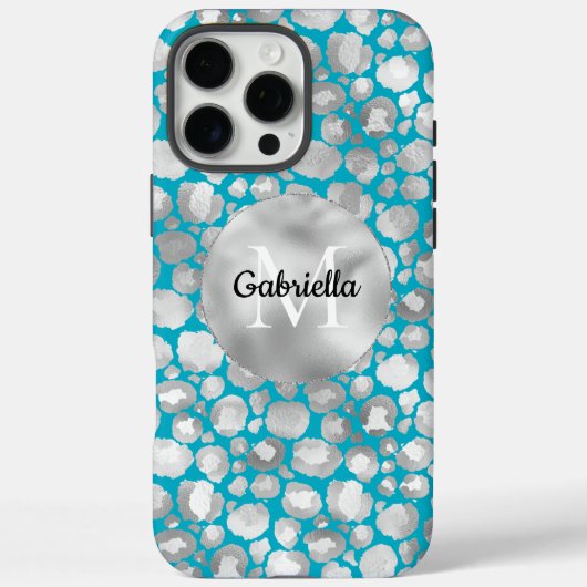 Coques Case-Mate iPhone Monogramme Poster de animal de léopard Aqua Silver (Verso)