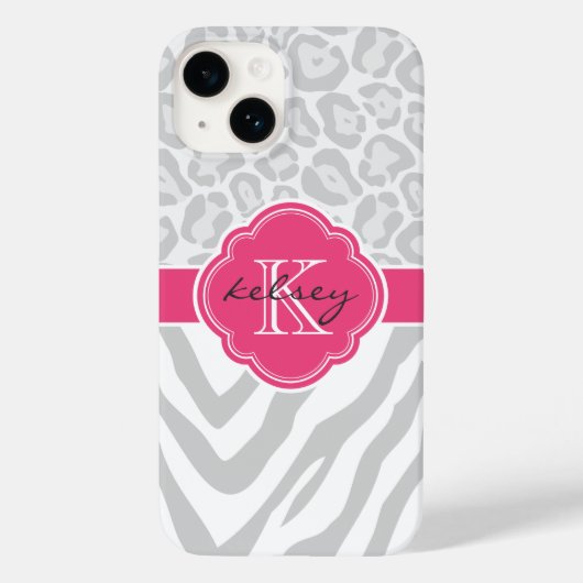 Coques Case-Mate iPhone Monogramme Poster de animal gris et rose (Verso)