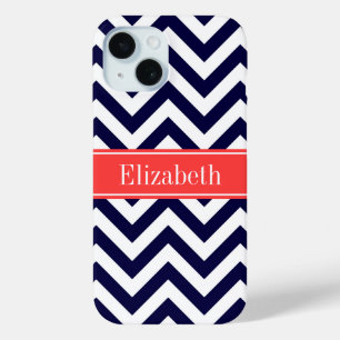 Coque Pour iPhone 15 Monogramme Quatrefeuilles Chevron Lg Navy Coral Ro