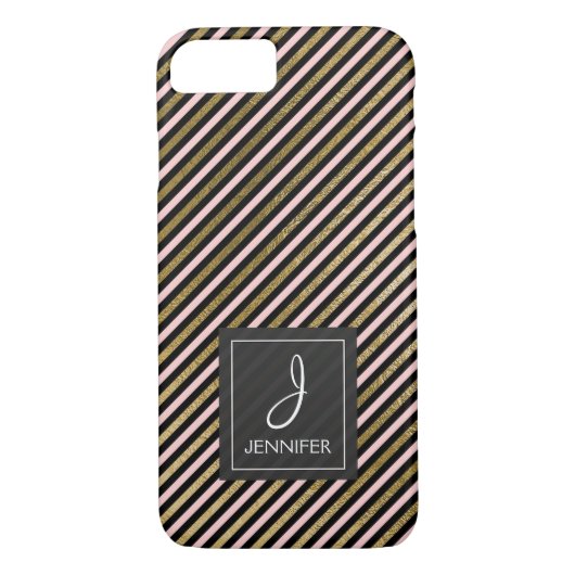 Coques Case-Mate iPhone Monogramme rayé à huile rose, noire et or (Dos)
