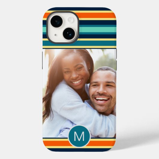 Coques Case-Mate iPhone Monogramme rayé bleu rétro - Photo personnalisée (Verso)