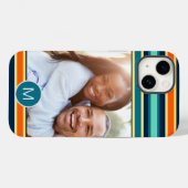 Coques Case-Mate iPhone Monogramme rayé bleu rétro - Photo personnalisée (Verso (horizontal))