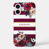 Coques Case-Mate iPhone Monogramme rayé floral boho bordeaux et or (Verso)