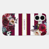Coques Case-Mate iPhone Monogramme rayé floral boho bordeaux et or (Verso (horizontal))