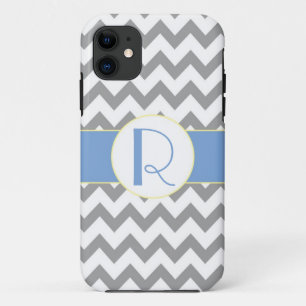 Coque iPhone 11 Monogramme rayé gris et bleu-clair de Chevron