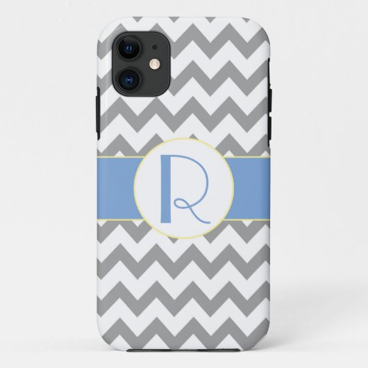 Coques Case-Mate iPhone Monogramme rayé gris et bleu-clair de Chevron (Dos)