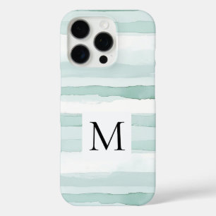 Coques iPhone 16 Pro Monogramme rayures blanc bleu aqua menthe
