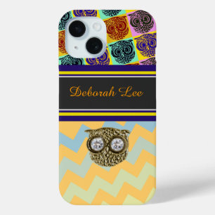 Coque Pour iPhone 15 Monogramme, rayures et hibou