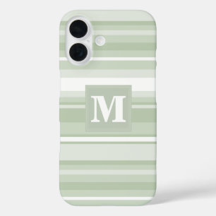 Coques iPhone 16 Monogramme rayures vert pâle