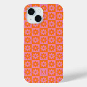 Coque Pour iPhone 15 Monogramme Retro Daisy Fleur À damiers rose orange