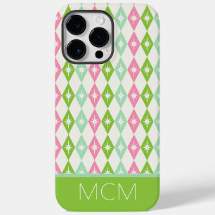 Coque Pour Pour iPhone 14 Pro Max Monogramme Retro Diamants de Noël rose et vert