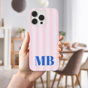 Coques iPhone 16 Pro Max Monogramme rétro minimaliste en bleu rose rayé