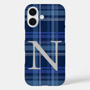 Coques iPhone 16 Monogramme rétro mote Tartan Plaid bleu marine
