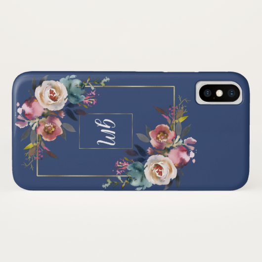 Coques Case-Mate iPhone Monogramme Rose bleu foncé or (Dos (Horizontal))