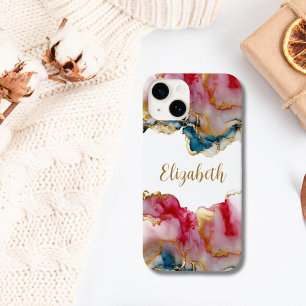 Coque Pour iPhone 14 Monogramme Rose Bleu Or Lavis Aquarelle Abstrait