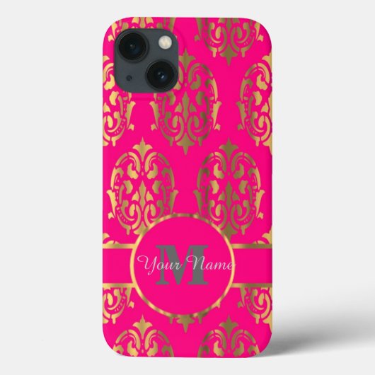 Coques Case-Mate iPhone monogramme rose chaud et or damassé (Verso)