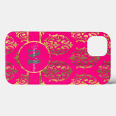 Coques Case-Mate iPhone monogramme rose chaud et or damassé (Verso (horizontal))