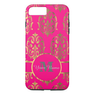 Coque iPhone 8 Plus/7 Plus monogramme rose chaud et or damassé