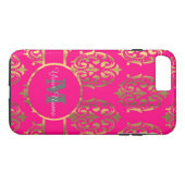 Coques Case-Mate iPhone monogramme rose chaud et or damassé (Dos (Horizontal))