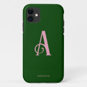Coques Case-Mate iPhone Monogramme rose chic Nom initial sur vert foncé (Dos)