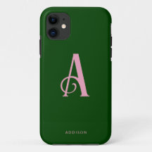 Monogramme rose chic Nom initial sur vert foncé