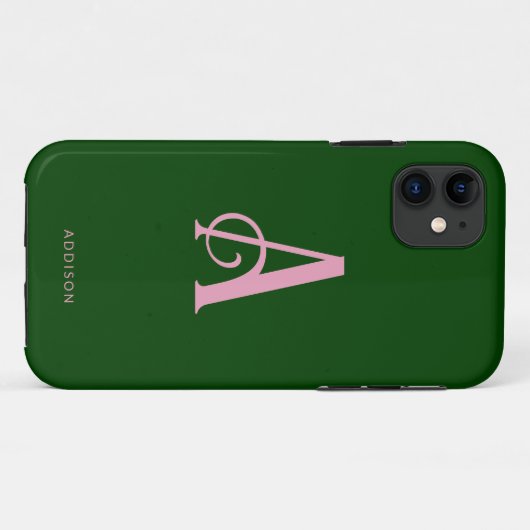 Coques Case-Mate iPhone Monogramme rose chic Nom initial sur vert foncé (Dos (Horizontal))