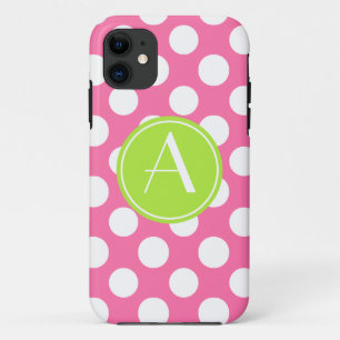 Coque iPhone 11 Monogramme rose de cercle de chaux de point de