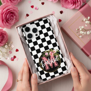 Coques iPhone 16 Pro Max Monogramme rose Fleur noir et blanc À damiers Cas