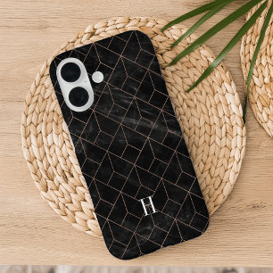 Coques iPhone 16 Monogramme Rose géométrique or et marbre noir