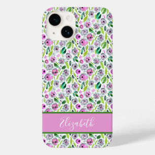 Coque Pour iPhone 14 Monogramme Rose Gris Vert Bohème Floral Aquarelle