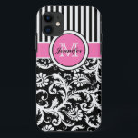 Coque Case-Mate Pour iPhone Monogramme rose, noir, blanc rayé Damas<br><div class="desc">Des bandes modernes monogrammes rose,  noir et blanc avec Coque damassé Vibe™ iPhone 5 Coque.</div>