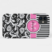 Coques Case-Mate iPhone Monogramme rose, noir, blanc rayé Damas (Dos (Horizontal))