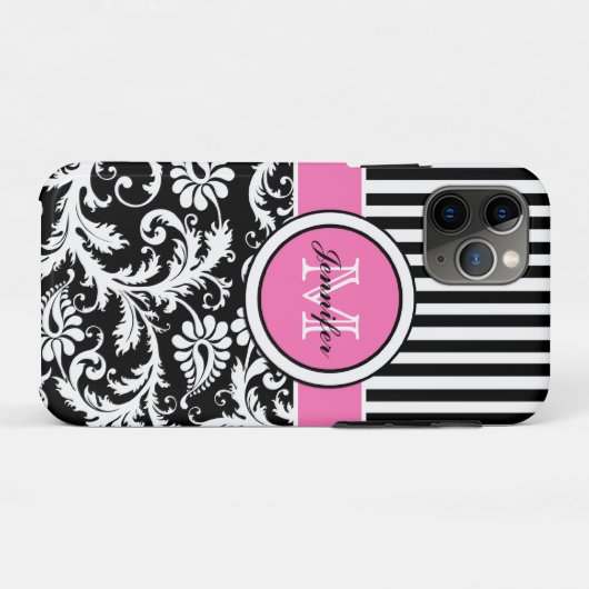 Coques Case-Mate iPhone Monogramme rose, noir, blanc rayé Damas (Dos (Horizontal))