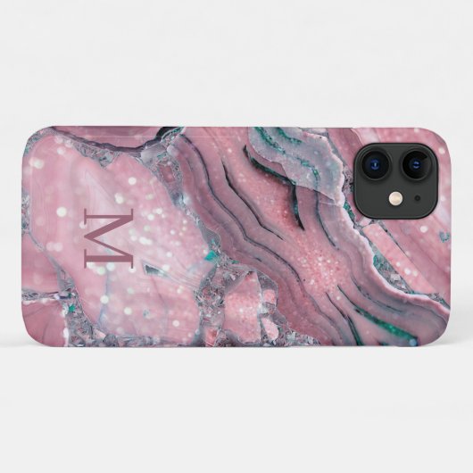 Coques Case-Mate iPhone Monogramme Rose Or rose Agate Quartz Étincelle (Dos (Horizontal))