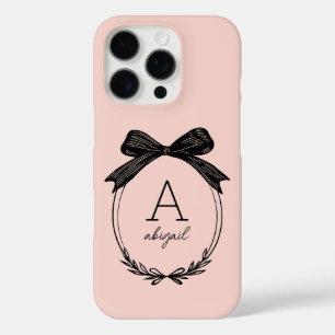 Coques iPhone 16 Pro Monogramme Rose Pâle Féminin Élégant Nœud Noir Mod