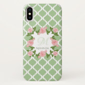 Coques Case-Mate iPhone Monogramme rose rose du Quatrefoil vert du Nil (Dos)
