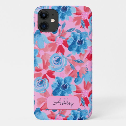 Coques Case-Mate iPhone Monogramme rose rose rouge floral peint à la main (Dos)